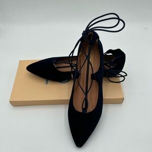 New In Box Yoki Women's Navy Blue Velvet Ballerina Ankle Lace Up Flats